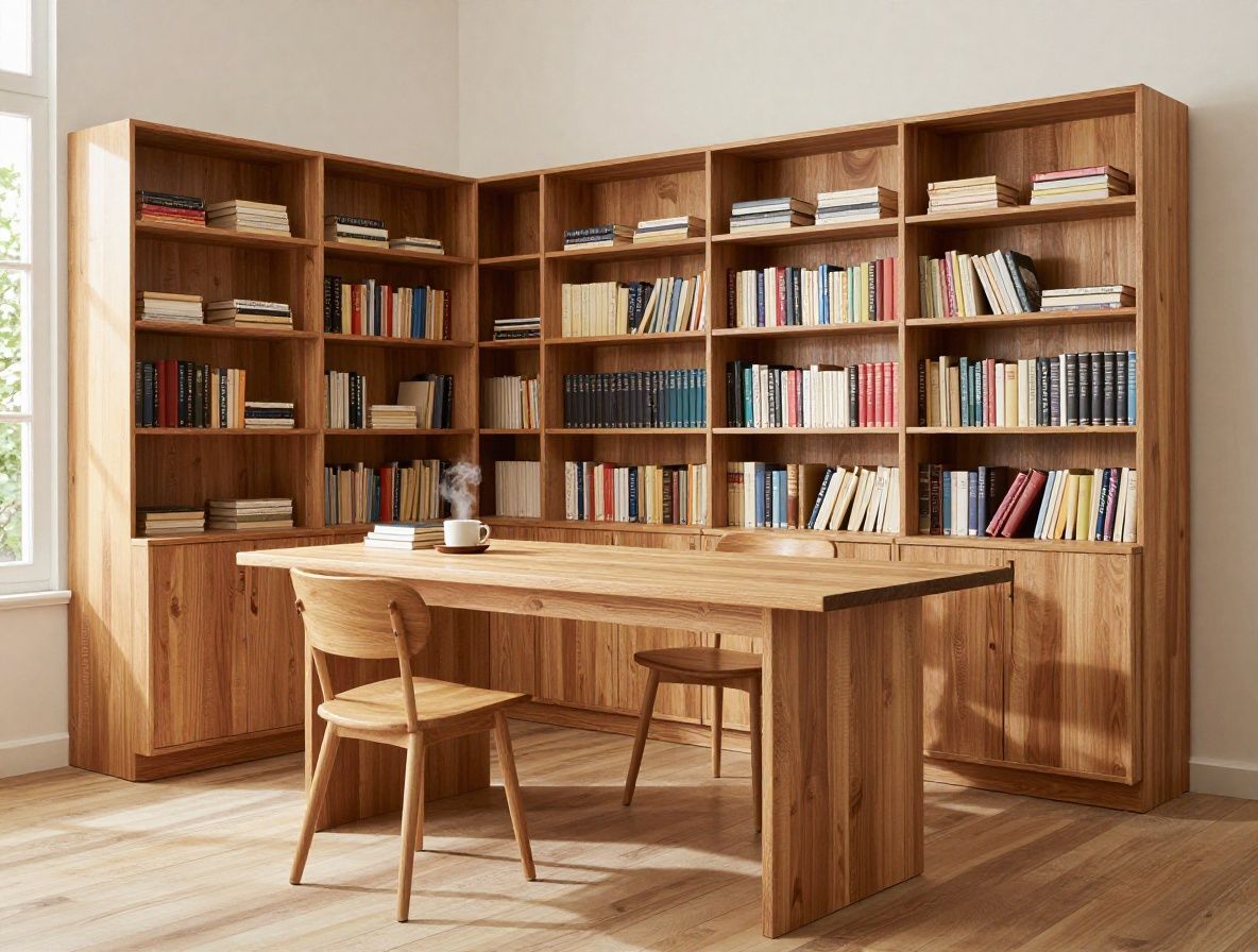 Espace de lecture studieux et épuré avec un bureau en bois clair, livres ouverts empilés soigneusement, tasse de thé fumante posée sur un sous-verre en liège, lumière naturelle douce d'une fenêtre créant une ambiance de concentration sereine
