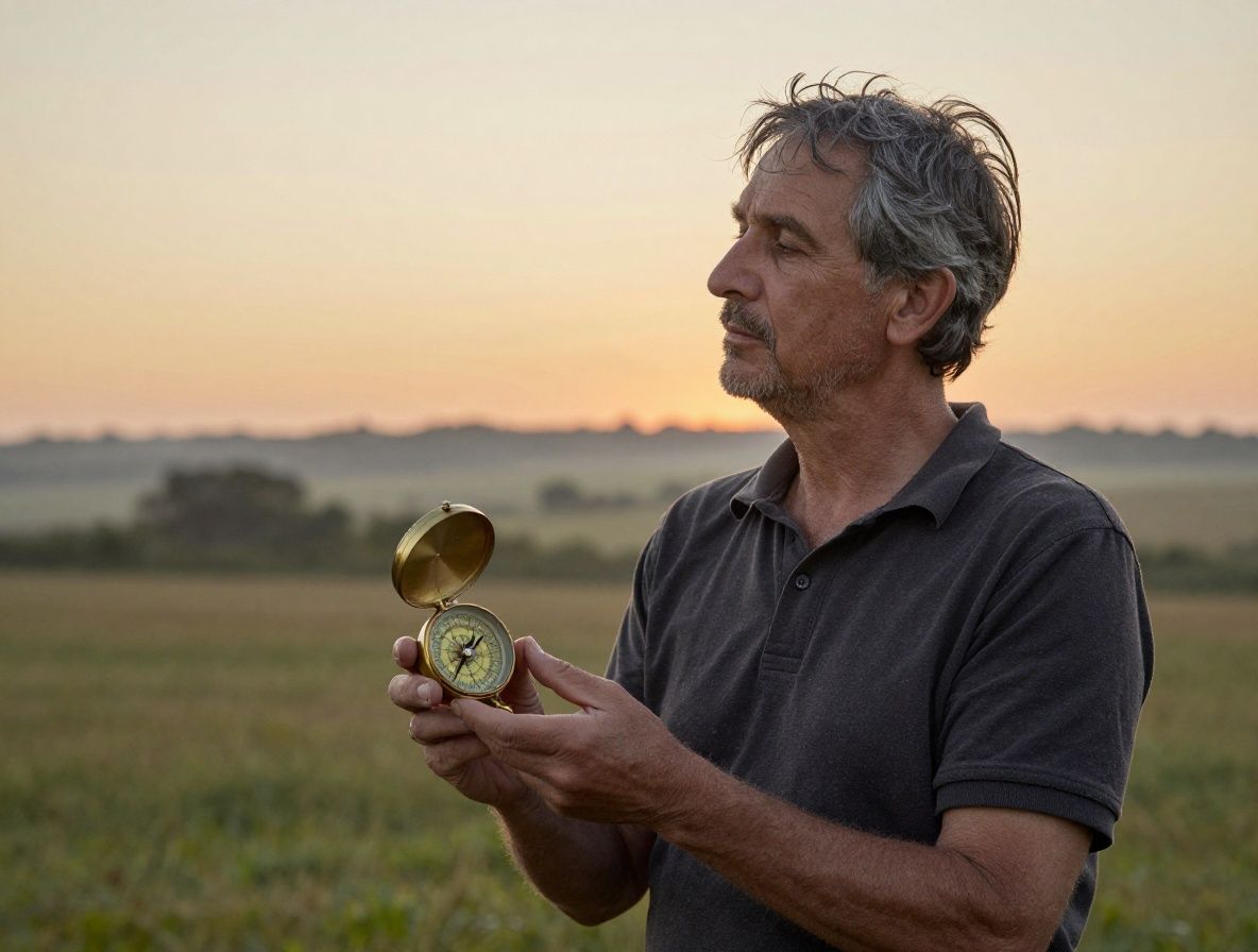 Main tenant délicatement une boussole ancienne en laiton orientée vers un horizon lointain brumeux, lumière dorée du coucher de soleil filtrant à travers les doigts, symbolisant la direction, la quête de connaissance et l'orientation vers un but clair