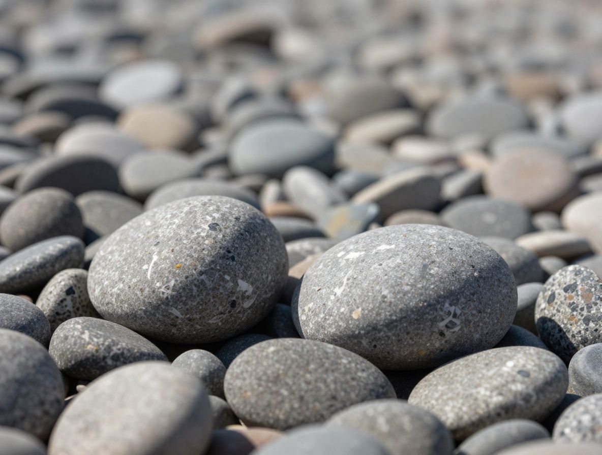 Gros plan sur deux mains ouvertes tenant délicatement une pierre de galet lisse et grise, arrière-plan flou de vagues douces sur une plage de galets, lumière naturelle chaude symbolisant la pleine conscience et la sérénité mentale