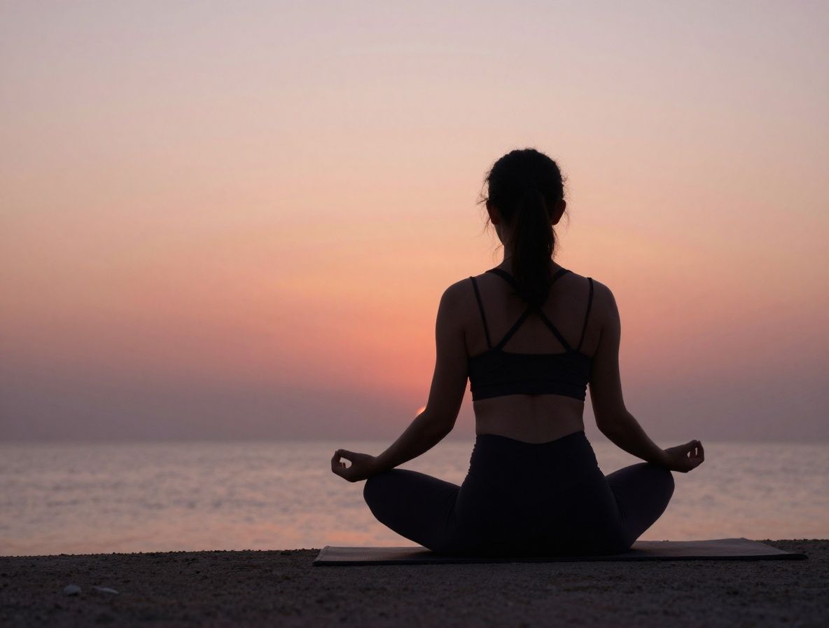 Personne en méditation assise en lotus sur un rivage calme au lever du soleil, silhouette paisible sur fond de ciel pastel rose et or reflété dans l'eau immobile, symbolisant l'équilibre intérieur et la tranquillité profonde