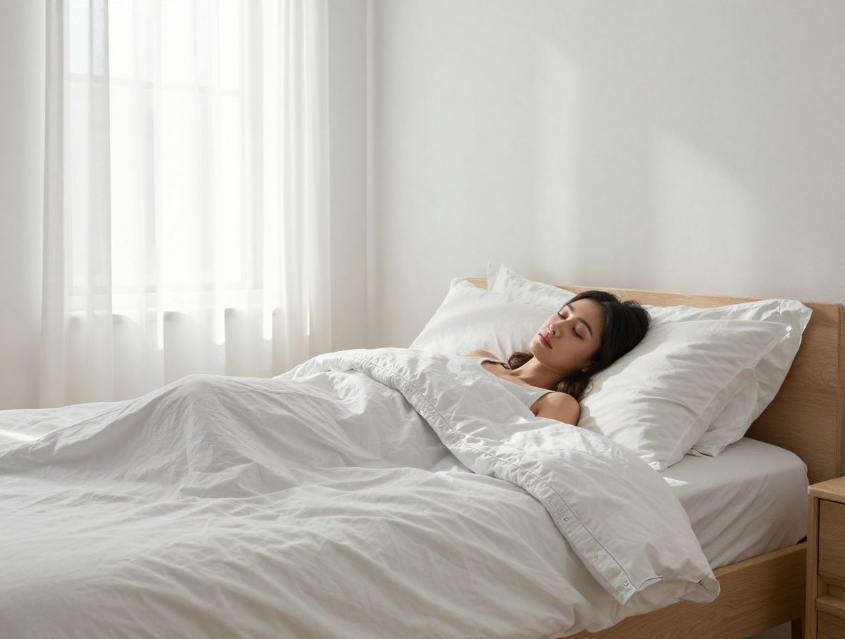 Chambre minimaliste lumineuse avec lit aux draps blancs immaculés soigneusement bordés, soleil matinal filtrant à travers des voilages en lin, lumière dorée et diffuse créant une atmosphère apaisante de repos profond et de régénération