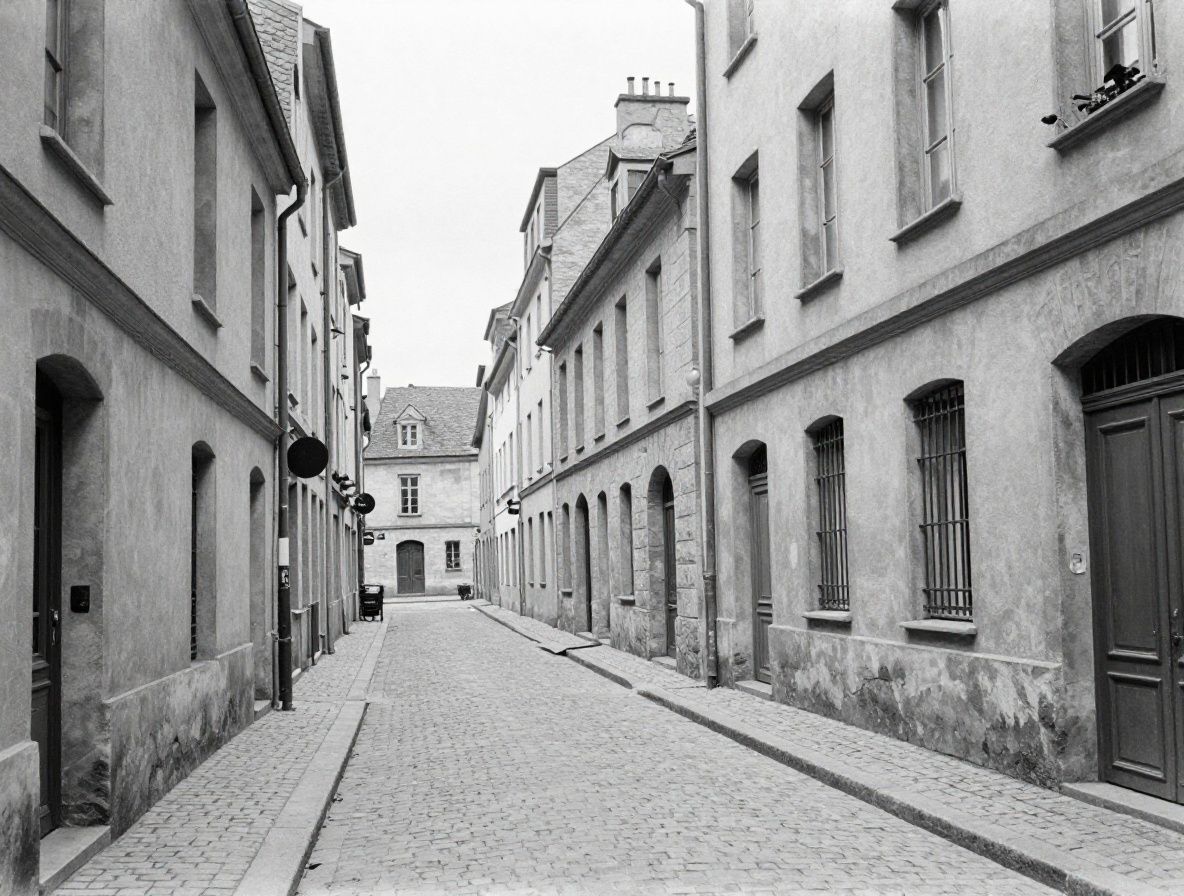 Gravure ancienne en noir et blanc représentant une rue d'une ville européenne du XVIIIe siècle, bâtiments en pierre, marchands et promeneurs en costume d'époque, atmosphère historique évoquant l'émergence des premières préoccupations de santé urbaine